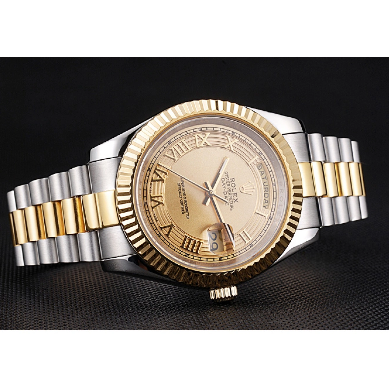 Aaa replica watch Plated Rolex Tone Day-Date Steel 18k Stainless Gold Dial Two Gold 0804